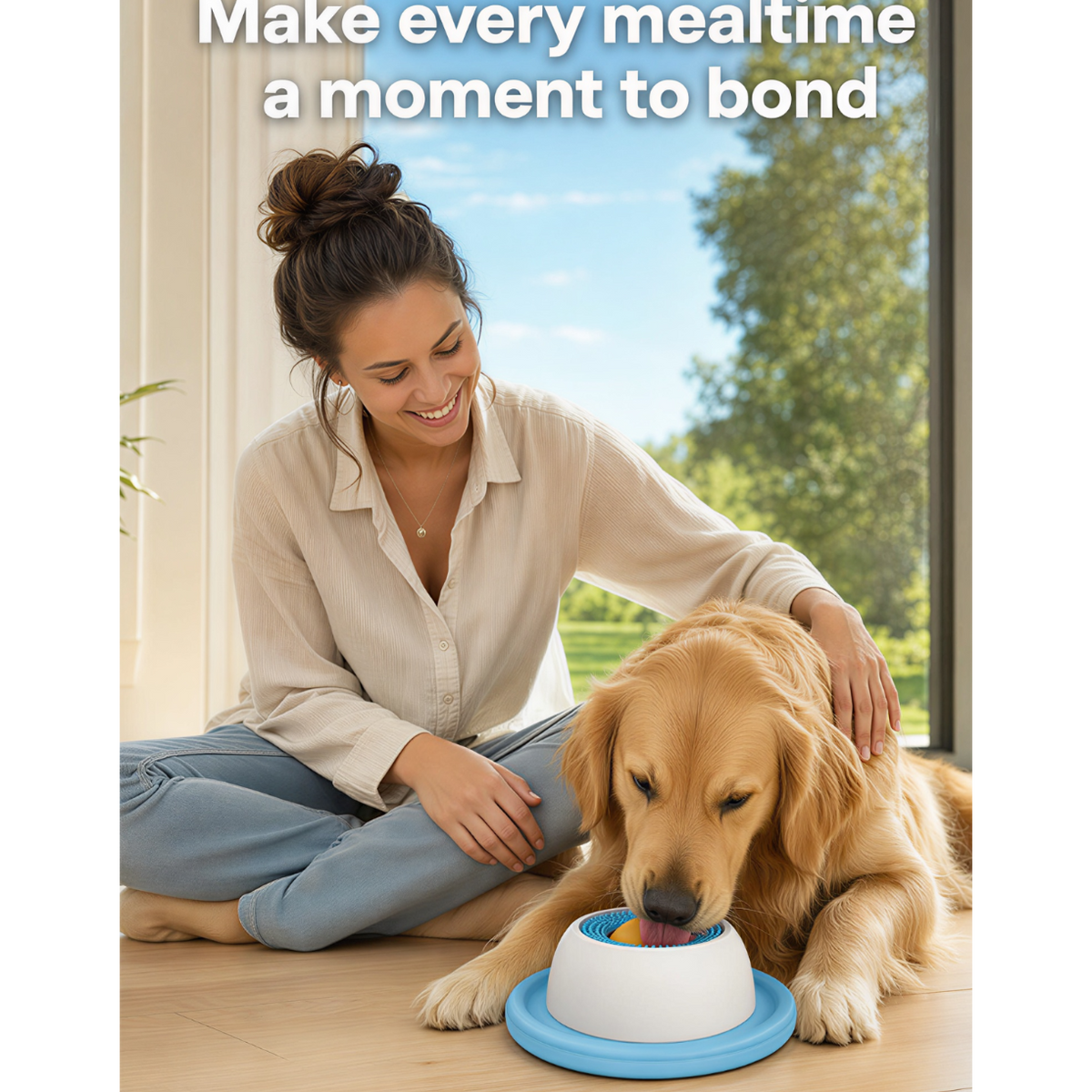Woman sitting on the floor with a dog eating from a bowl, with text 'Make every mealtime a moment to bond'.